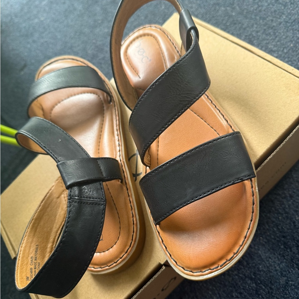 boc Black Leather Sandals with Tan Sole